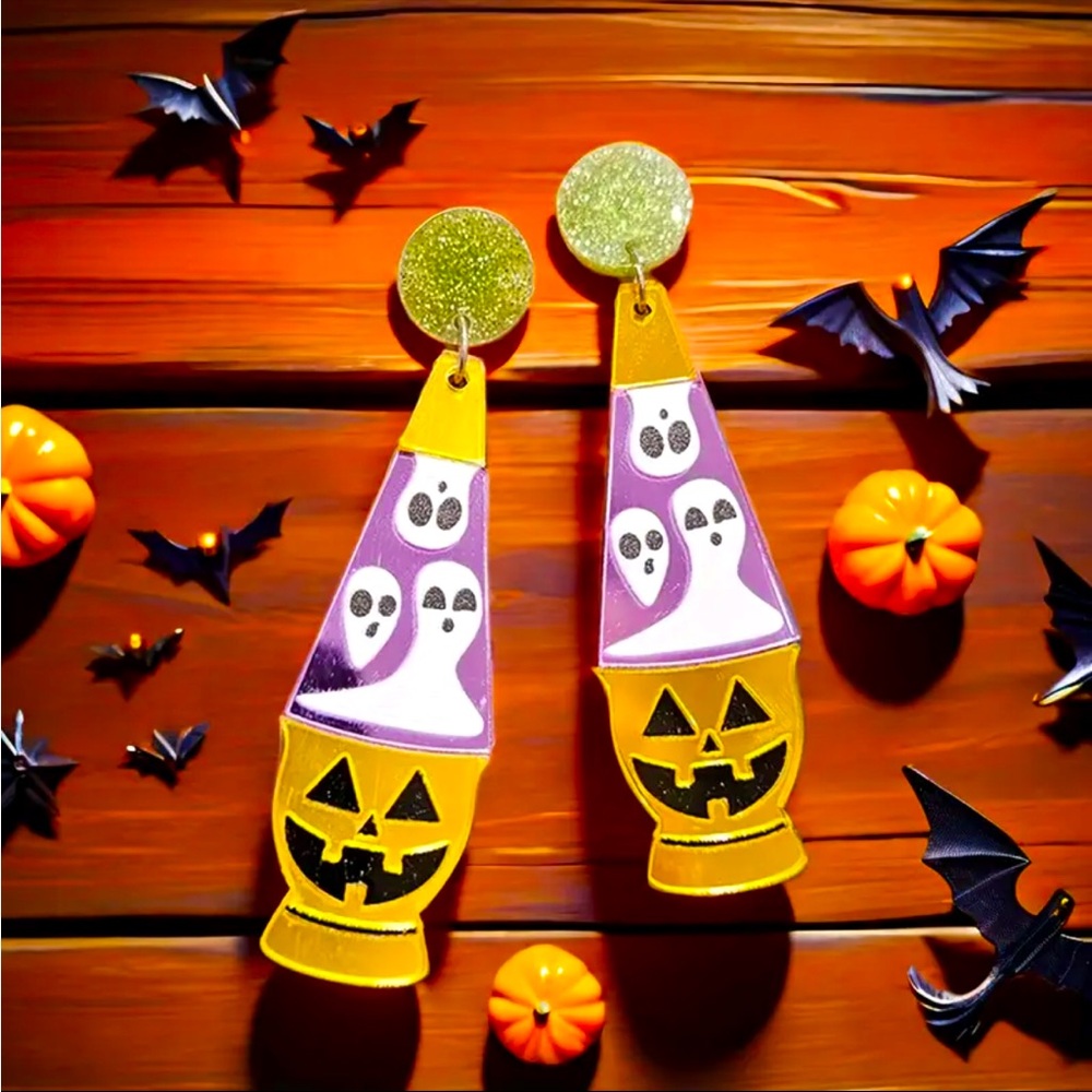 Pair of Halloween Acrylic Ghosts & Pumpkin Lava Lamp Earrings